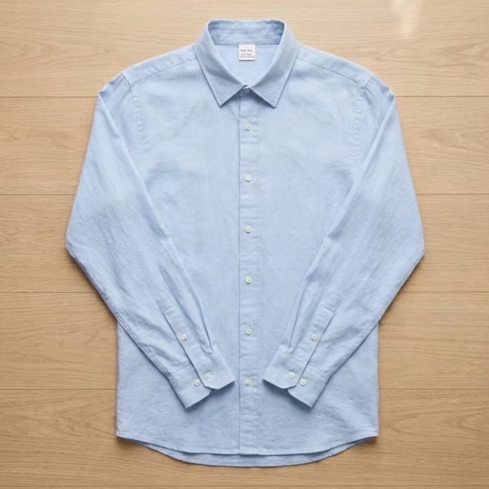 Linen Blend Button Down Shirt Light Blue Long Sleeve Men's XXL
